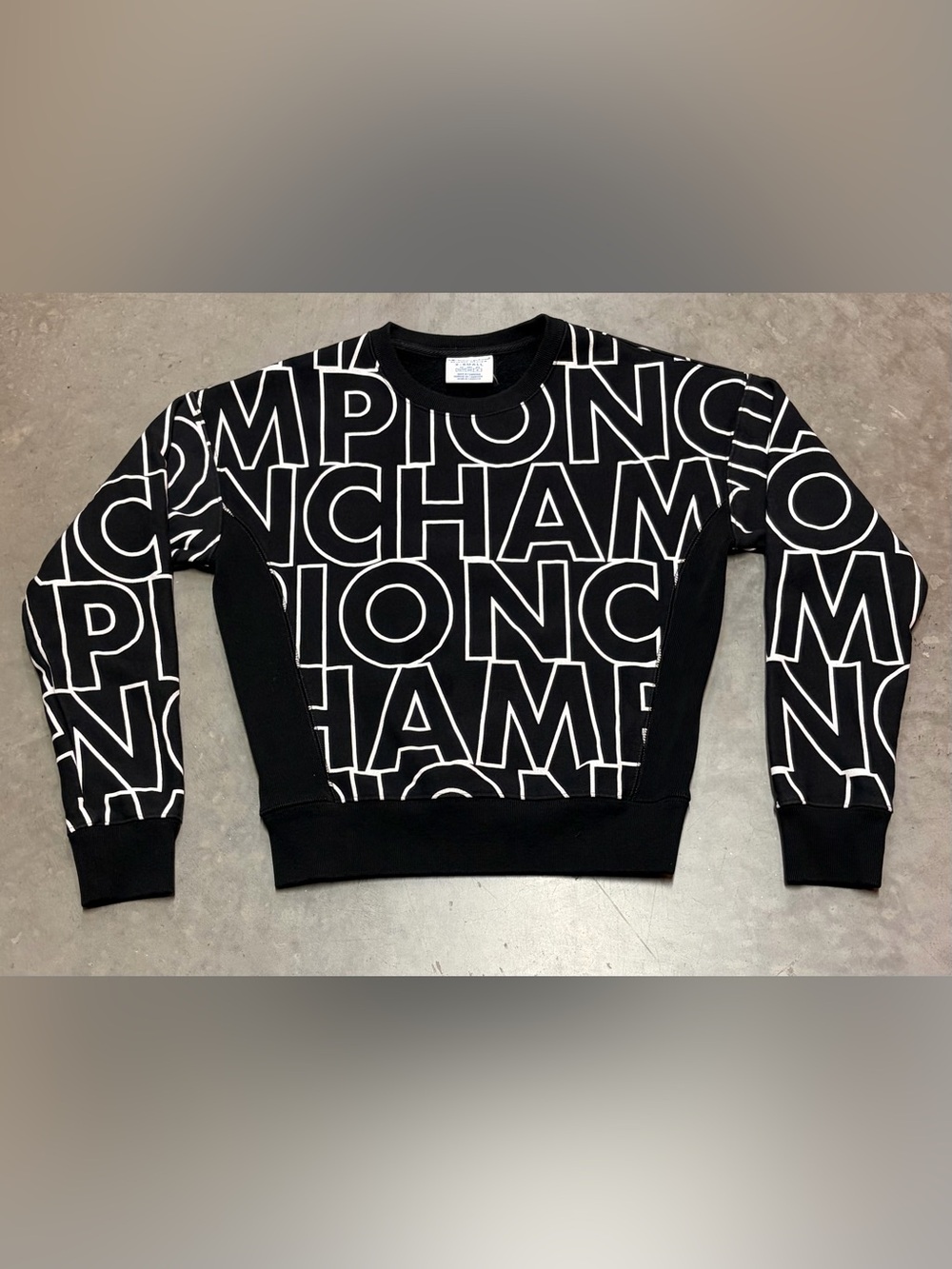 Champion Black Sweatshirt with White All Over Print AOP Logo Small